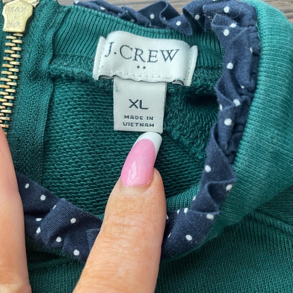 J. Crew Emerald Green Sweater with Navy Polka Dot Trim